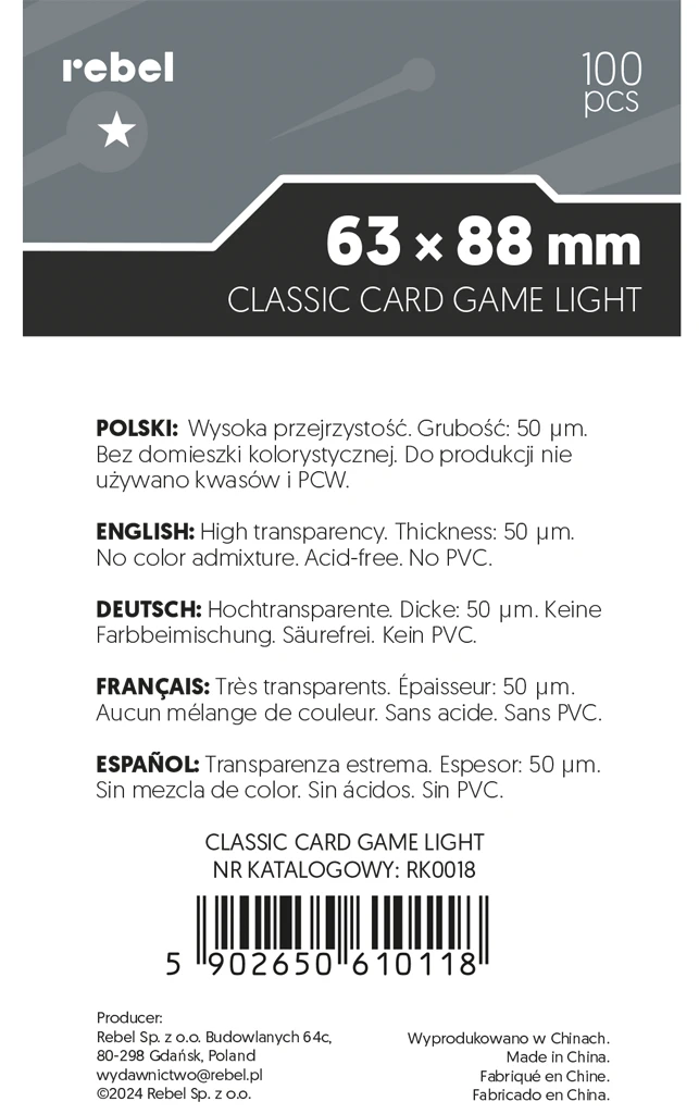 Koszulki na karty Rebel (63x88 mm) Corvus LIGHT, 100 sztuk