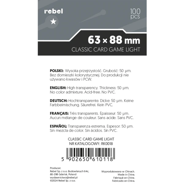 Koszulki na karty Rebel (63x88 mm) Corvus LIGHT, 100 sztuk